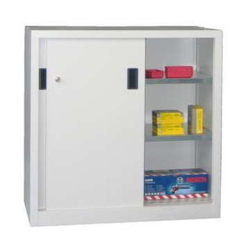 Schiebetürenschrank,RAL7035,HxBxT 1000x1000x500mm,2xStahlboden,Zyl.-Schl.
