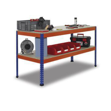 Werkbank,HxBxT 990x1841x621mm,Holzplatte,Tragl. 320kg,4-Fuß,blau/orange
