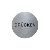 Türschild, Drücken, Alu, silber/schwarz, selbstklebend, Ø 70mm