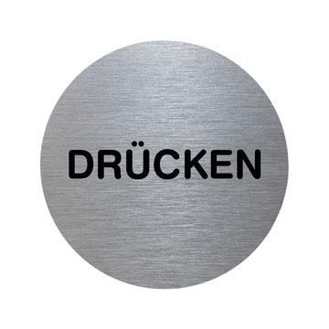 Türschild, Drücken, Alu, silber/schwarz, selbstklebend, Ø 70mm