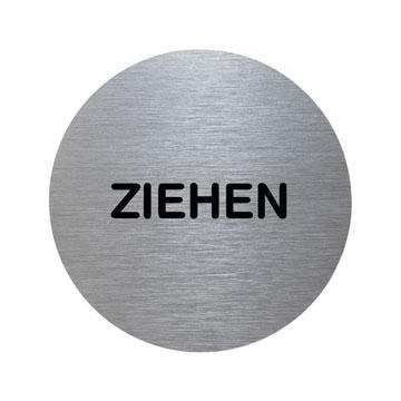 Türschild, Ziehen, Alu, silber/schwarz, selbstklebend, Ø 70mm