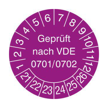 Prüfplakette,Geprüft gemäß VDE,Aufkleber,Ø 30mm,Jahresfarbe 2021-violett