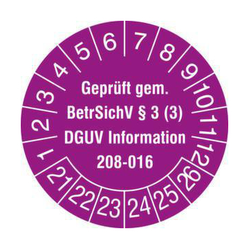 Prüfplakette,Geprüft gem. BetrSichV/DGUV,Jahresfarbe 2021-violett