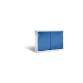 Schiebetürenschrank, Korpus RAL7035, Front RAL5010, Abdeckplatte RAL7035