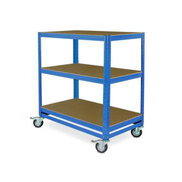 Etagenwagen, Tragl. 200kg, 3 Etage(n), Holzplatte, blau, Gummi-Bereifung