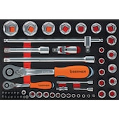 Hartschaumeinlage mit Steckschlüsselsatz 1/4”+1/2” inkl. Hebelumschaltknarren 6