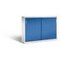 Schiebetürenschrank, Korpus RAL7035, Front RAL5010, Abdeckplatte RAL7035