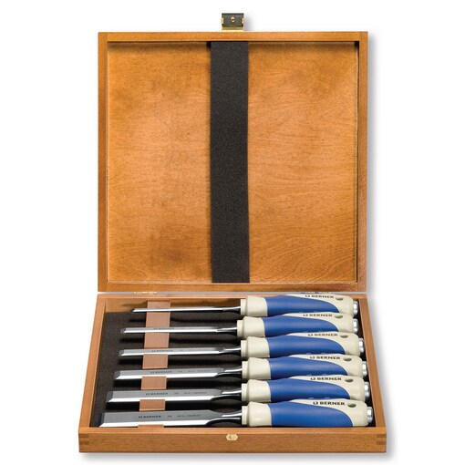 Stechbeitel-Satz mit 2K-Heft, 6-teilig in Holzkasten