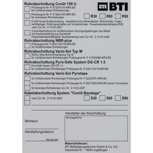 Kennzeichnungsschild Nr. 5; Rohrabschottung, Kabelabschottung