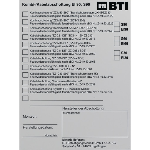 Kennzeichnungsschild Nr. 4; Kombi-/Kabelabschottung El90; S90