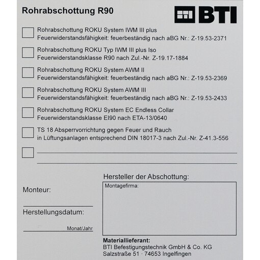 Kennzeichnungsschild Nr. 2; Rohrabschottung R90 / El90, Abschottung El90