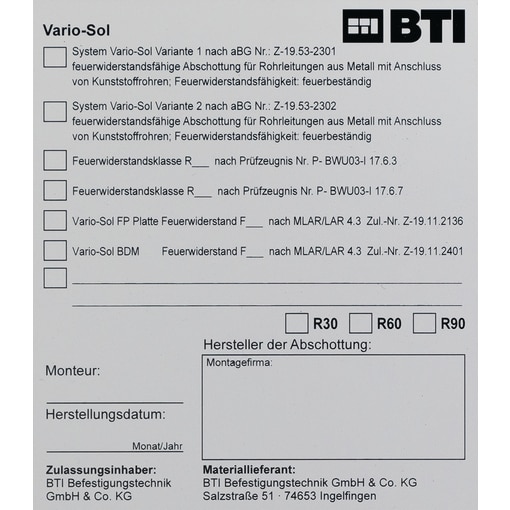 Kennzeichnungsschild Nr. 1; Vario Sol