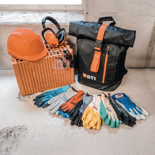 PSA-Rucksack Baugewerbe, Handschuhe, Gehörschutz, Schutzbrille
