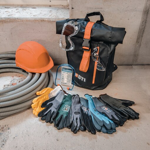 PSA-Rucksack Haustechnik, Handschuhe, Gehörschutz, Schutzbrille, Pflaster-Set