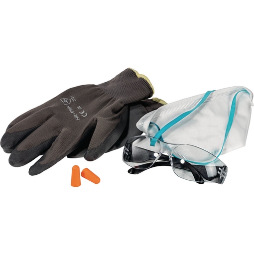 PSA-Koffer Basic, Einweg-Gehörschutzstopfen gem. EN 352-2, klare Schutzbrille gem. EN 1836,Feinstaubmaske FFP2 ohne Ventil gem. EN 149, Paar PU-Handschuhe (Größe 9) gem. EN 388, Kat. 2