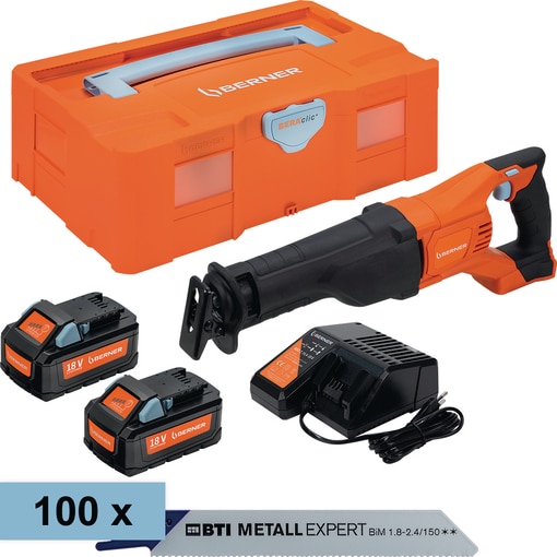 Recipro-Set 1 komplett, Akku-Reciprosäge BACRS-1 18 V, 2 Akkus, Ladegerät, 100 Stück Reciprosägeblatt Metall Expert 1,8 - 2,4/150