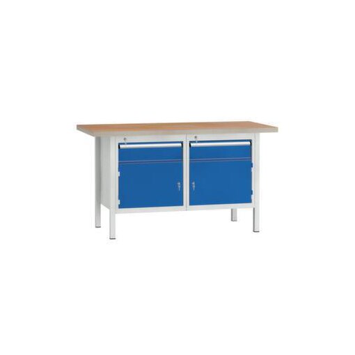 Werkbank, RAL7035/RAL5010, HxBxT 840x1500x700mm, Multiplexplatte, 4-Fuß