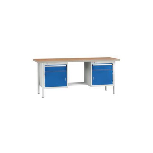 Werkbank, RAL7035/RAL5010, HxBxT 840x2000x700mm, Multiplexplatte, 4-Fuß