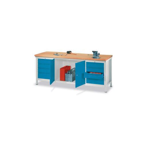 Werkbank, RAL7035, HxBxT 900x2000x700mm, Multiplexplatte, 4-Fuß