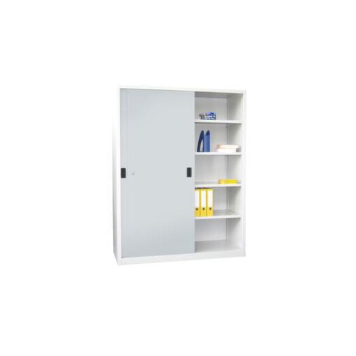 Schiebetürenschrank, RAL7035, HxBxT 1950x1500x500mm, 4xStahlboden, 5 OH