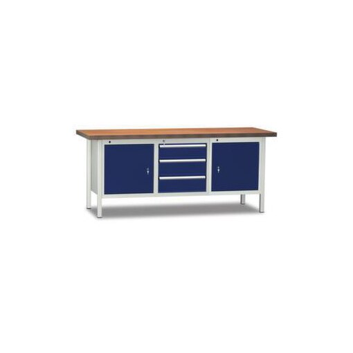 Werkbank, RAL7035/RAL5010, HxBxT 840x2000x700mm, Multiplexplatte, 4-Fuß