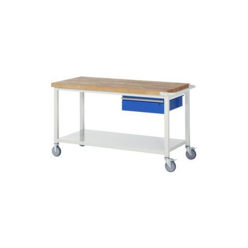 Werkbank, fahrbar, HxBxT 880x1500x700mm, Bucheplatte, Tragl. 450kg