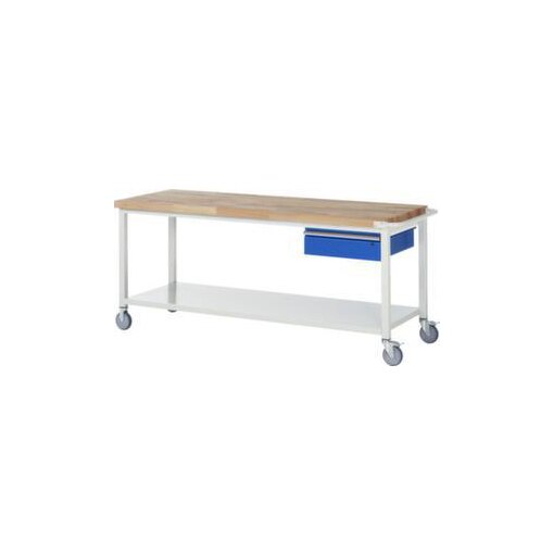 Werkbank, fahrbar, HxBxT 880x2000x700mm, Bucheplatte, Tragl. 450kg