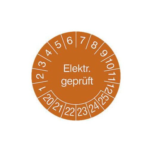 Prüfplakette, Elektr. geprüft gemäß, Aufkleber, Jahresfarbe 2027-orange
