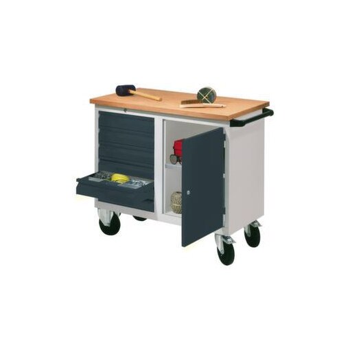 Werkbank, fahrbar, HxBxT 915x1090x600mm, RAL7035, Front RAL7016