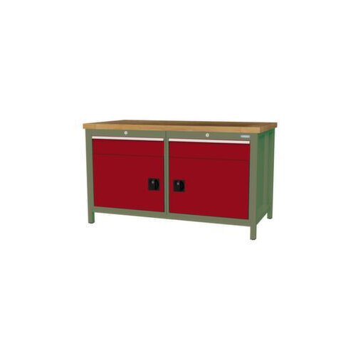 Werkbank,HxBxT 860x1500x750mm,Bucheplatte,Gestell RAL6011,Fronten RAL3003