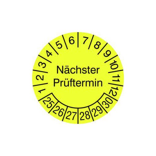 Prüfplakette,nächste Prüfung,Aufkleber,Ø 15mm,gelb,Prüfzeitraum 25-30